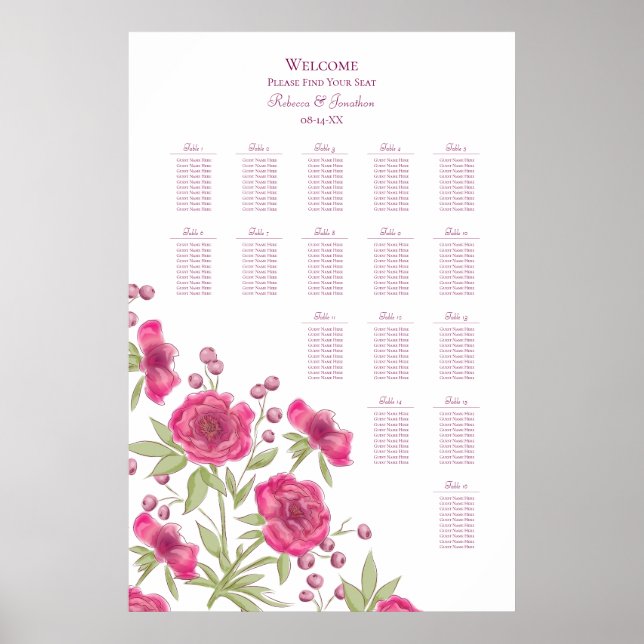 Affiche Bright Pink Rose Wedding Seating Chart (Devant)