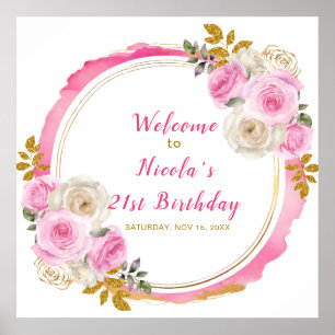 Affiche Bright Rose and Gold Elegant Flowe Anniversaire