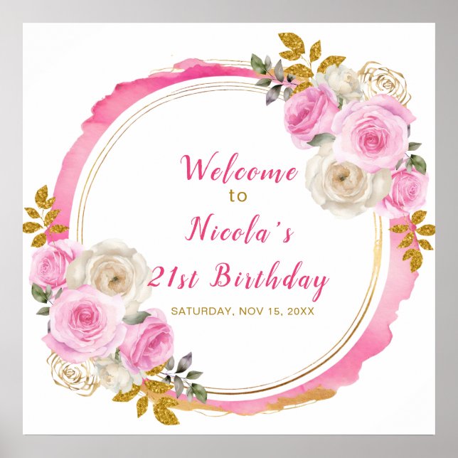 Affiche Bright Rose and Gold Elegant Flowe Anniversaire (Devant)