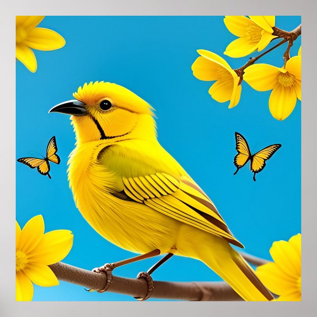Affiche Bright Yellow Songbird Perché sur une branche (Devant)