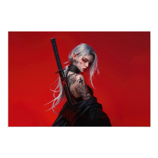 Affiche brillante d'anime guerrière au katana (Devant)