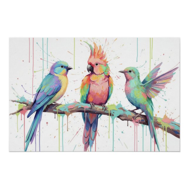 Affiche brillante de trois oiseaux aux couleurs pa (Devant)