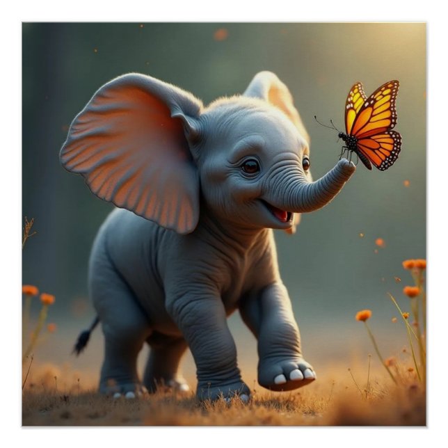 Affiche brillante éléphant bébé poursuivant un pap (Devant)