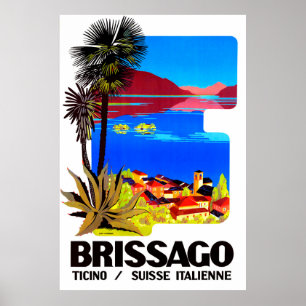 Affiche Brissago, Tessin, Suisse. Village et lac
