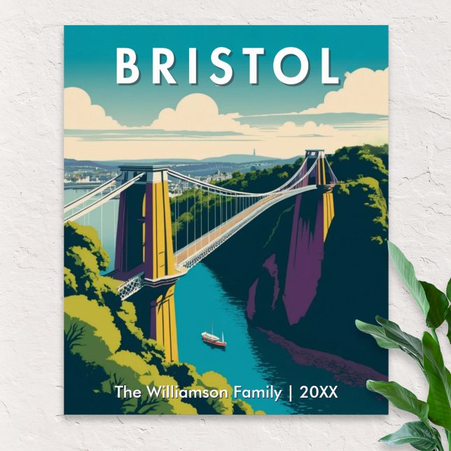 Affiche Bristol UK Clifton Suspension Bridge Retro Travel (A stylish, personalized retro poster, featuring the Clifton Suspension Bridge across the Avon Gorge)