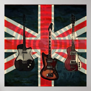 Affiche British Union Jack Flag Rock Roll Electric Guitar