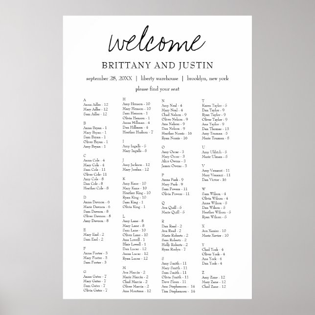 Affiche Brittany Elegant Alphabetical Seating Chart (Devant)