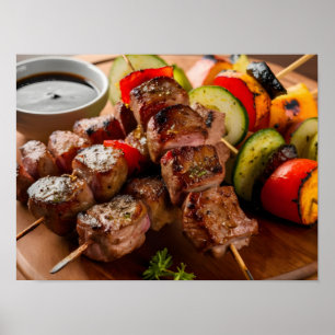 Affiche brochettes de viande grillée et kébab de chichi