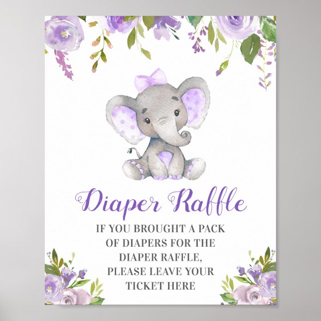Affiche Brocheuse Raffle violet éléphant bébé fille douche (Devant)