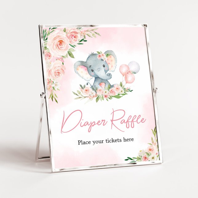 Affiche Brochure à ballons rose floral (Floral Balloon Elephant Baby Shower Diaper Raffle Sign)