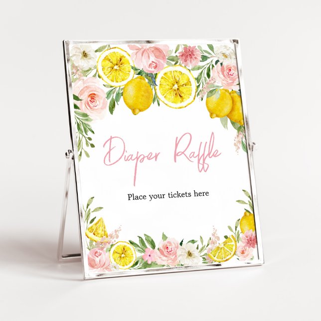 Affiche Brochure de citron rose Floral (Summer Lemon Citrus Baby Shower Diaper Raffle Sign)