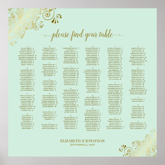 Affiche Broderie dorée sur un plan de table alphabétique v (Devant)