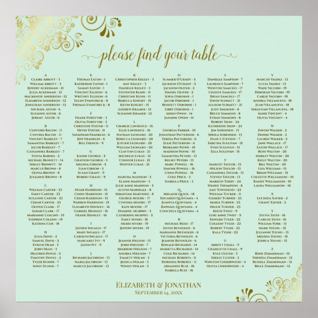 Affiche Broderie dorée sur un plan de table alphabétique v (Devant)