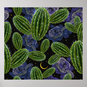 Affiche Broderie mexicaine : Cactus Night Seamless.