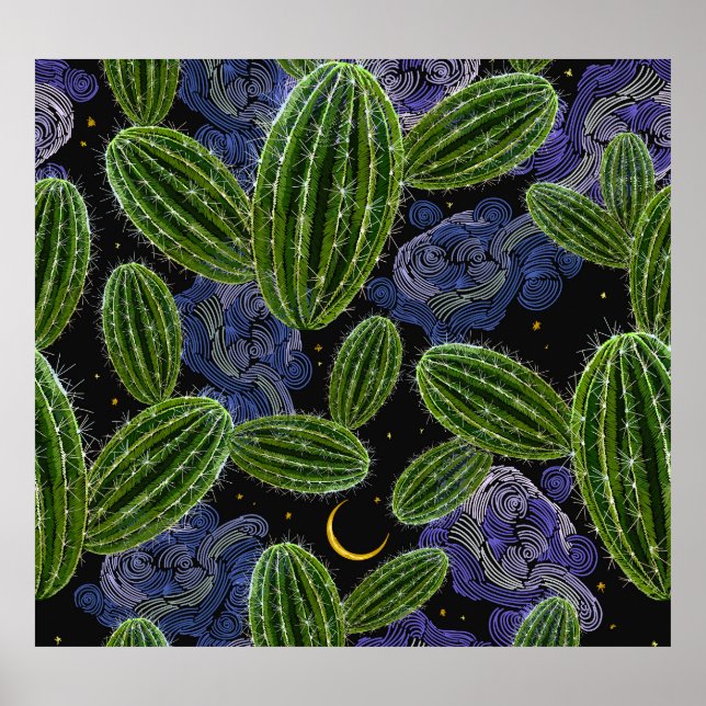 Affiche Broderie mexicaine : Cactus Night Seamless. (Devant)