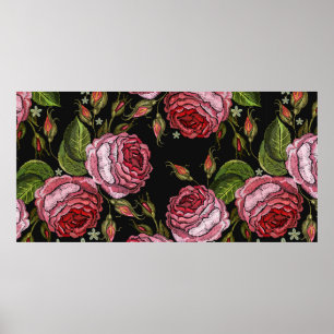Affiche Broderie roses rouges vintage motif sans soudure. 