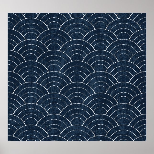 Affiche Broderie Sashiko : Indigo Motif japonais. (Devant)