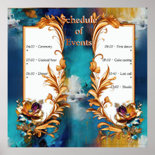 Affiche bronze Abstrait, style baroque bleu or