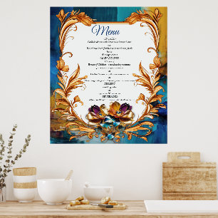 Affiche bronze Abstrait, style baroque bleu or