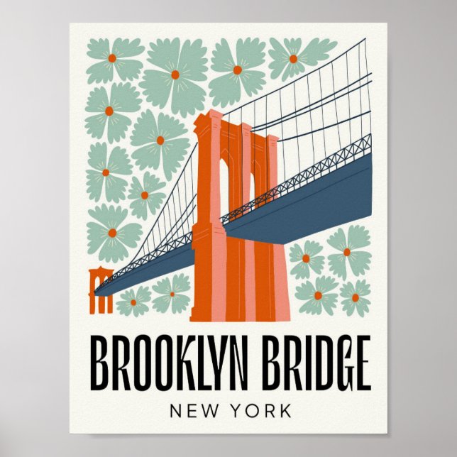 Affiche Brooklyn Bridge New York Voyage abstrait floral (Devant)