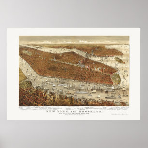 Affiche Brooklyn, carte panoramique de NY - 1877