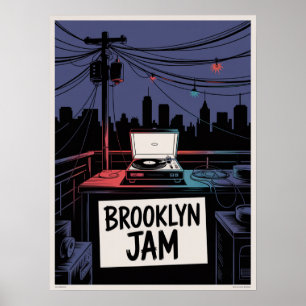 Affiche Brooklyn Jam Toit Plat Joueur de Disques Nuit Skyl
