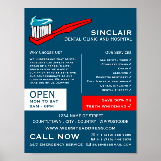 Affiche Brosse à dents et dentifrice, dentisterie, advert  (Devant)