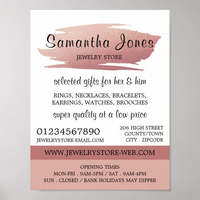 Affiche Brosse à huile Rose moderne, magasin de bijoux (Devant)