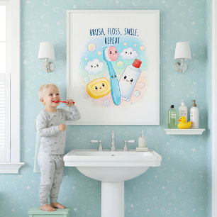 Affiche Brosse, Fil dentaire, Rincer, Laver l'art mural de