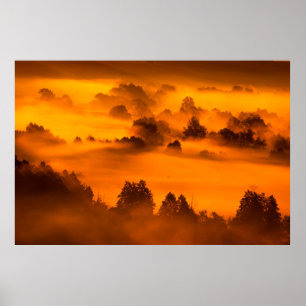 Affiche Brouillard matinal au-dessus de la rivière inondat