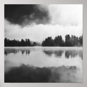 Affiche Brouillard matinal au-dessus du lac en noir et bla