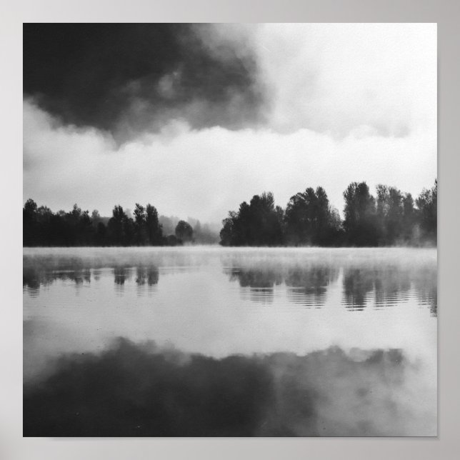 Affiche Brouillard matinal au-dessus du lac en noir et bla (Devant)
