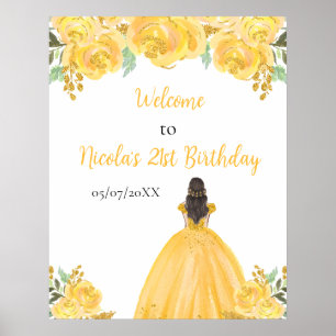 Affiche Brown Cheveux Princess Gold Floral Anniversaire Bi
