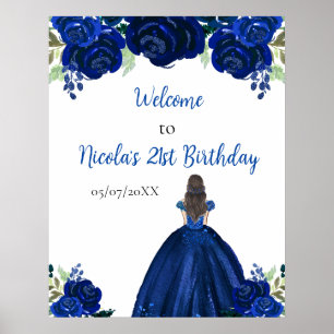 Affiche Brown Cheveux Princess Navy Floral Anniversaire Bi