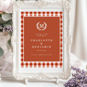 Affiche Brown En vichy Monogram Crest Mariage Bienvenue