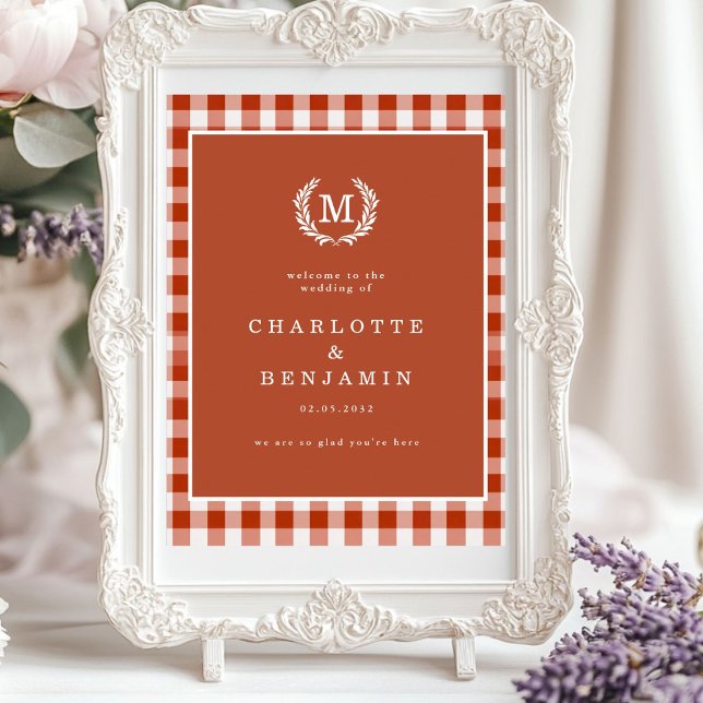 Affiche Brown En vichy Monogram Crest Mariage Bienvenue (Brown Gingham Monogram Crest Wedding Welcome Poster)
