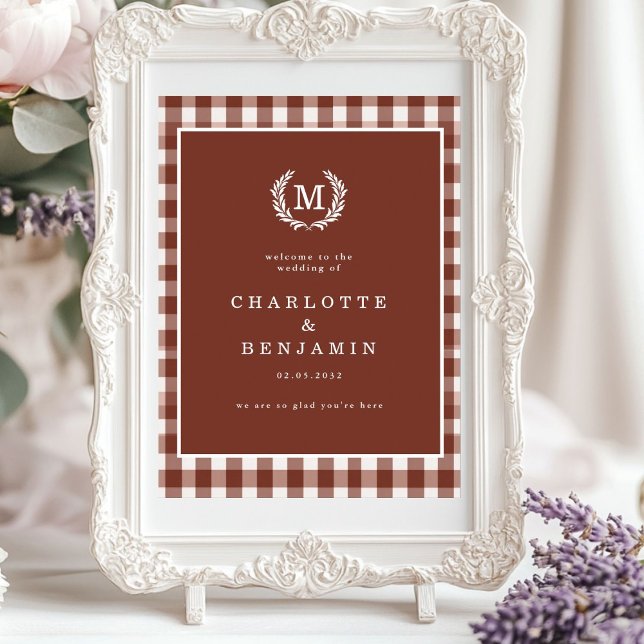 Affiche Brown En vichy Monogram Crest Mariage Bienvenue (Brown Gingham Monogram Crest Wedding Welcome Poster)