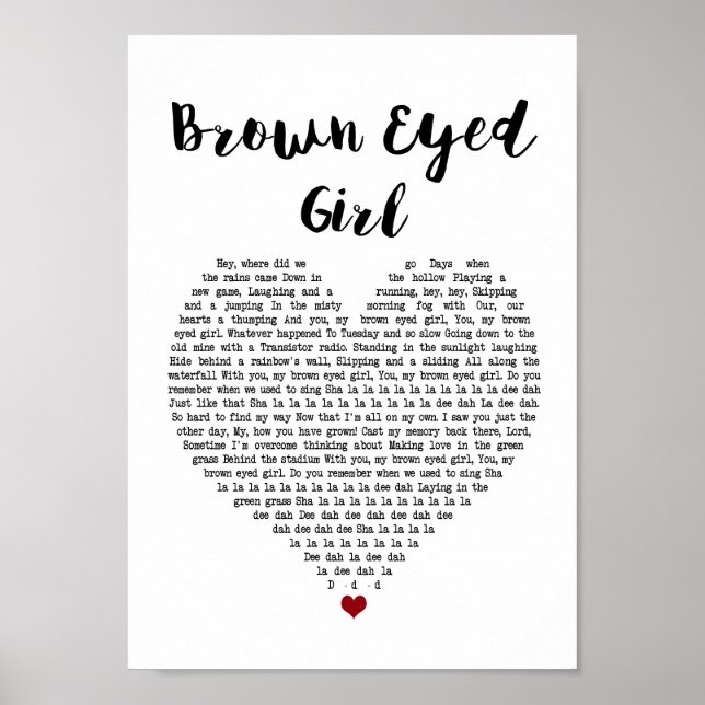 Affiche Brown Eyed Girl White Heart Chanson Lyrique Imprim (Devant)
