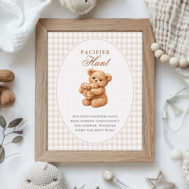 Affiche Brown Gingham Teddy Bear Neutral Baby Shower Paper (Créateur téléchargé)