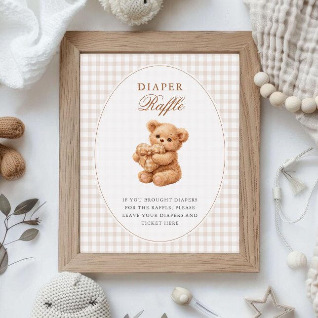 Affiche Brown Gingham Teddy Bear Neutral Baby Shower Paper (Créateur téléchargé)
