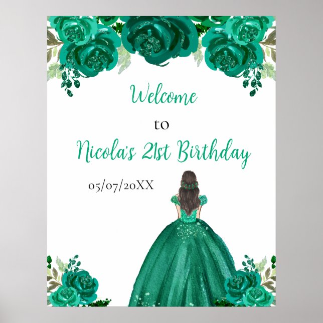 Affiche Brown Hair Princess Green Floral Birthday Welcome (Devant)