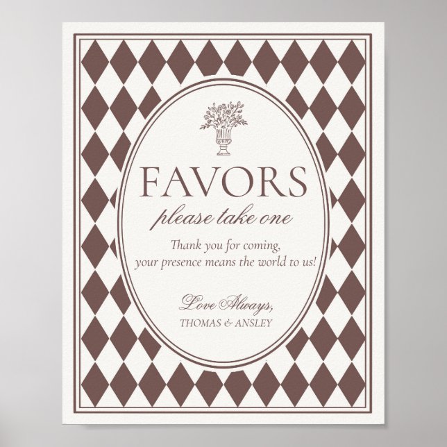 Affiche Brown Harlequin Checkered Wedding Favors Sign (Devant)
