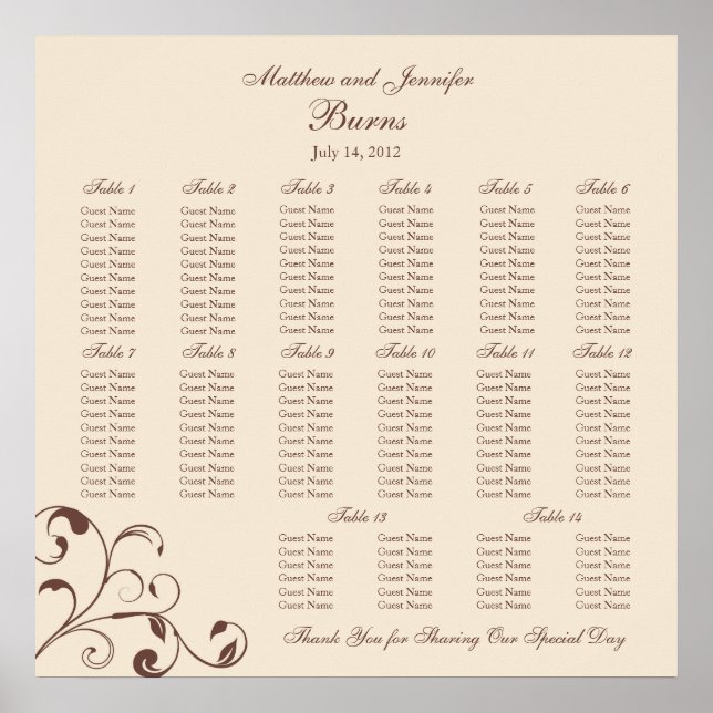 Affiche Brown Square Wedding Reception Seating Chart (Devant)