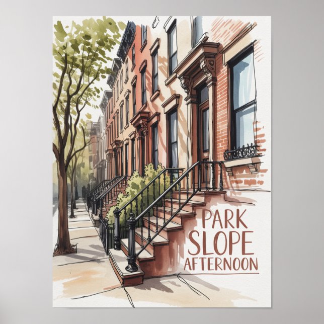 Affiche Brownstone aquarelle de l'après-midi à Park Slope (Devant)