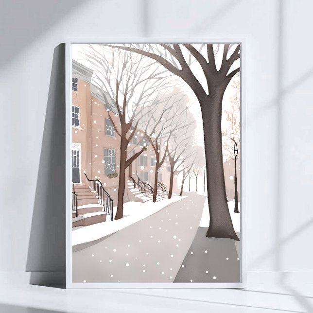 Affiche Brownstone Street | Snowy Winter Watercolor Art (Créateur téléchargé)