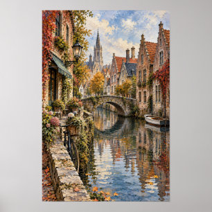 Affiche Bruges Belgique Canal et Mur de Pont en Pierre Art