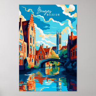 Affiche Bruges Belgique illustration de voyage vintage