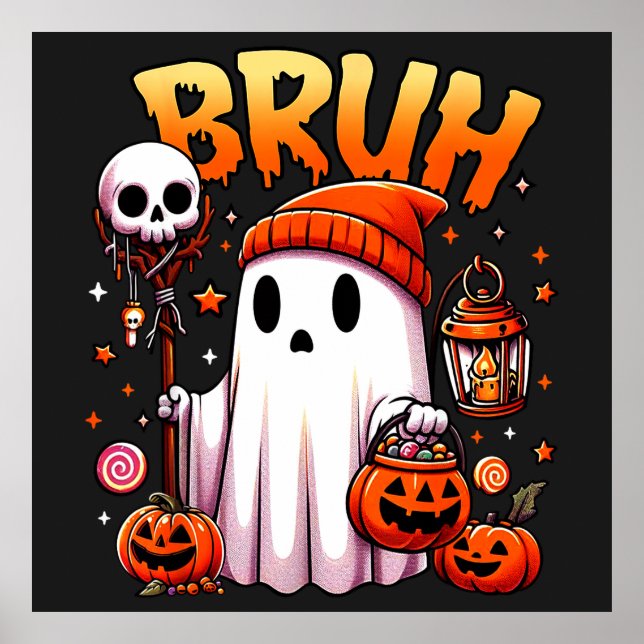 Affiche Bruh Ghost Halloween mignon Ghost Tricot Ou Traite (Devant)