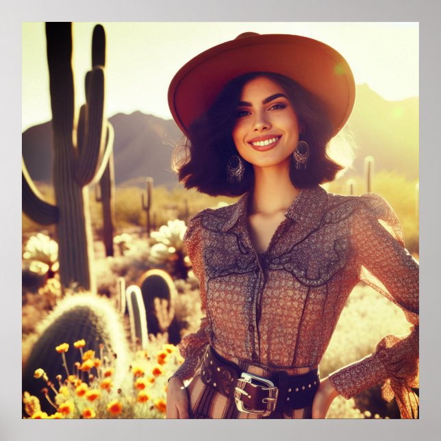 Affiche Brunette Cowgirl in Cowboy Hat in the Desert (Devant)