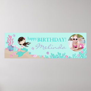Affiche Brunette Mermaid Bannière d'anniversaire